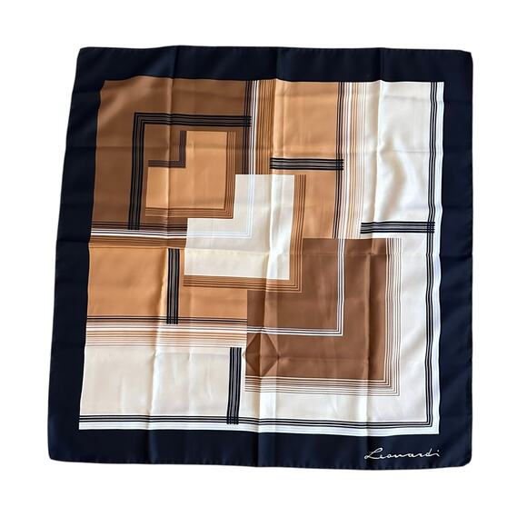 Vintage 70s Mod Leonardi Square Scarf 29x29.5”  Brown Black Cream - Picture 1 of 4